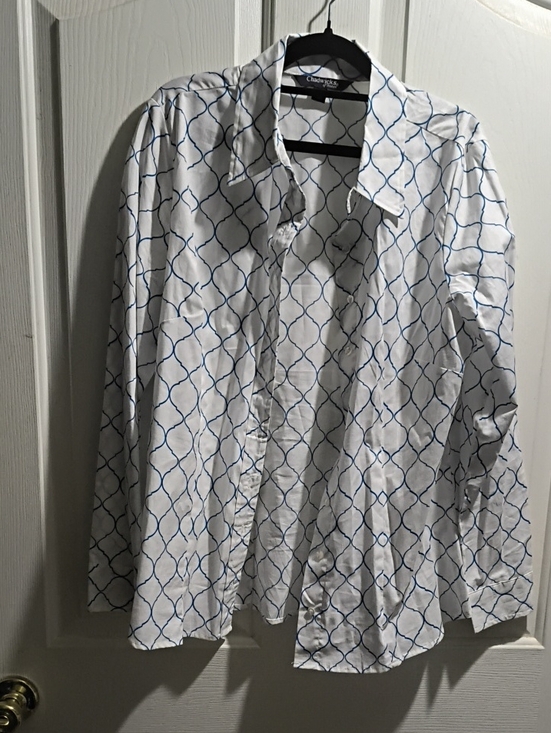Chadwicks Tops - Chadwicks White Button-Down Shirt with Blue Geometric Print